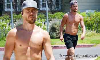 Derek Hough flaunts his chiseled chest and sculpted arms during mask-free jog in Los Angeles
