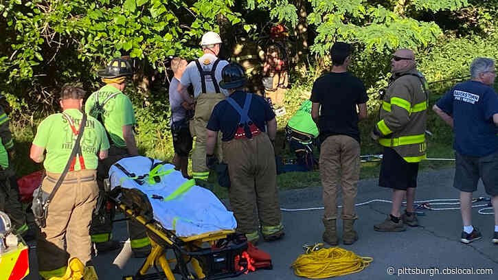 First Responders Rescuing Woman After Vehicle Crashes Over Hillside In Shaler Township