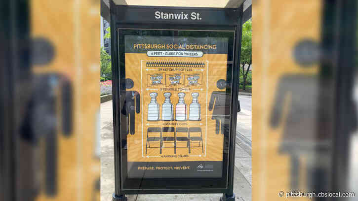 Pittsburgh Sign Uses Stanley Cups, Terrible Towels, Parking Chairs, And Ketchup Bottles As Social Distancing Guide For Yinzers