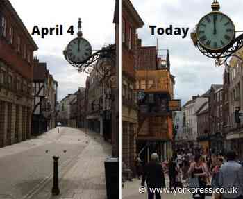 Coney Street, during lockdown on April 4 and today, after restrictions were eased