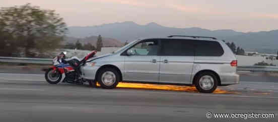 ‘Out of a movie’: Sparks fly on 91 Freeway in Corona when motorcycle gets stuck to SUV