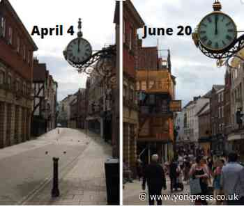 Coney Street, pictured at noon during lockdown and yesterday