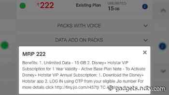 Jio Offering New Rs. 222 Pack With Free Disney+ Hotstar Subscription to Select Users: Report