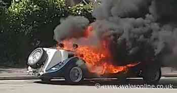 Blaze engulfs classic car on busy Newport road