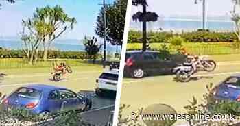Bikers overtake cars while pulling wheelies on Mumbles seafront