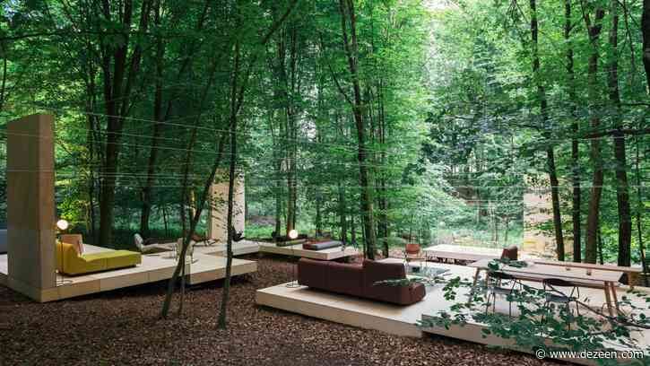 Prostoria nestles timber pavilion amongst leafy trees in Croatian forest