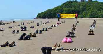 Loads of pairs of children's shoes appeared on a deserted Welsh beach