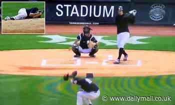 Yankees pitcher Masahiro Tanaka is hit in the head by a line drive from Giancarlo Stanton 