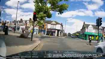 Collapsing tree narrowly misses pedestrians at London crossroads