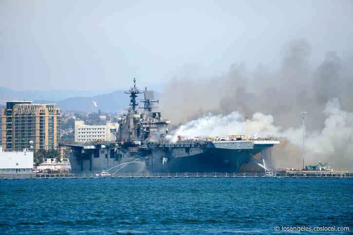 Firefighters Continue To Battle San Diego Navy Ship Fire Which Injured 21