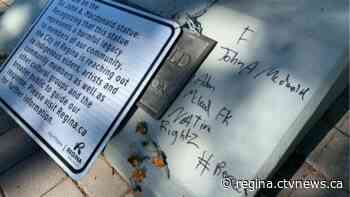 Regina Sir John. A. Mcdonald statue, Cenotaph vandalized