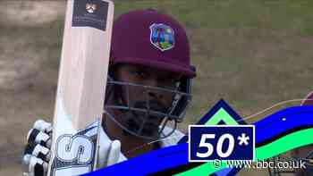 England v West Indies: Shamarh Brooks hits a six to bring up his fifty