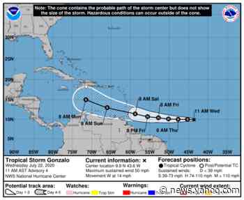 Tropical Storm Gonzalo forms in the Atlantic, expected to become a hurricane on Thursday