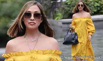 Myleene Klass is a ray of sunshine in a mustard off-the-shoulder dress at Smooth Radio