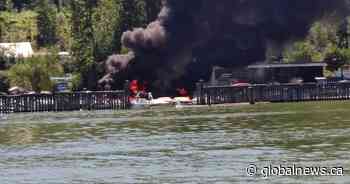 Several boats destroyed, one person hurt in major marina fire on B.C.’s Shuswap Lake