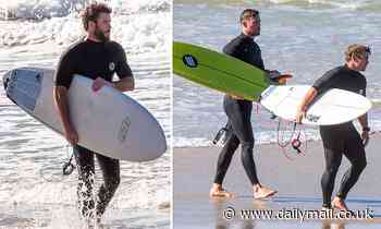 Chris, Liam and Luke Hemsworth hit the beach together for massive surfing session in Byron Bay - Daily Mail