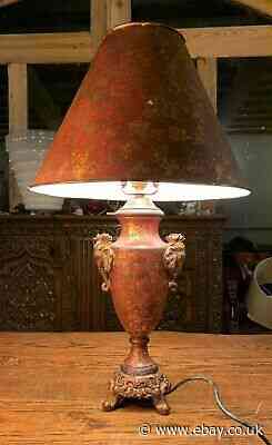 Vintage Tole Indian Red And Gold Leaf Table Lamp, Solid Metal