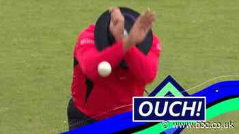 England v Ireland: Umpire David Millns hit by Harry Tector's ferocious shot
