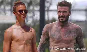 Romeo Beckham, 17, looks like dad David as he poses shirtless