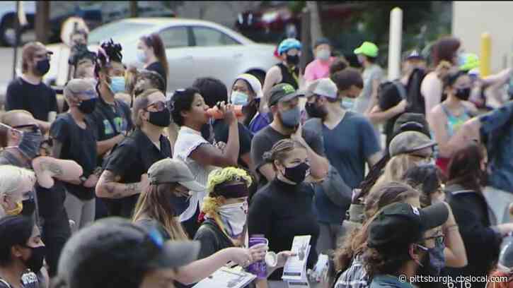 Large Group Of Protesters Moves Through East Liberty After Gathering Outside Former Zone 5 Police Station