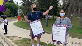 SEIU-West members protest in Saskatoon, seeking 'substantive' contract for workers 'who bent the infection rate of COVID-19'