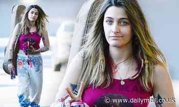 Paris Jackson rocks a magenta crop top and tie-dyed sweatpants as she heads into the studio