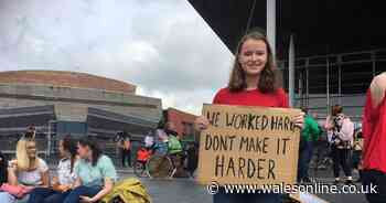 A-level students and parents protest grade results at Cardiff Bay