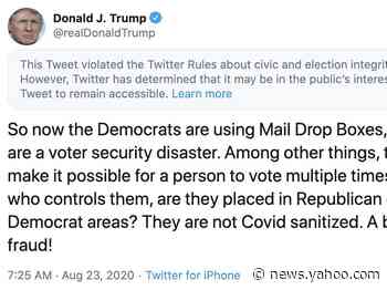 Twitter placed a 'public interest notice' on Trump's tweet that peddled unsubstantiated claims about ballot drop off boxes