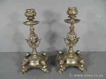 Pair of Torchlight Antique Metal Silver a Pattern D'Cherubs/Candleholder Putto