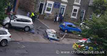 Elderly driver taken to hospital after car crashes through display board