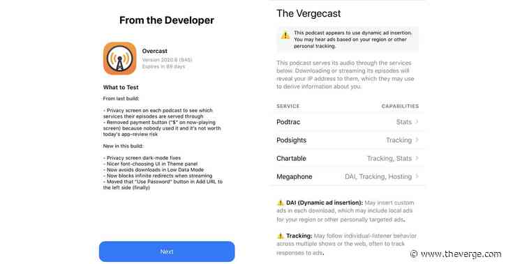 Overcast’s latest beta update tells listeners which podcasts are tracking them