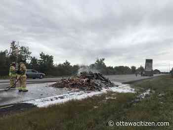 Trucker dumps flaming construction waste on Highway 417 before it can consume rig