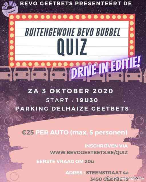 Deelnemen aan ‘Buitengewone Bevo Bubbel Quiz’ vanuit de auto op parking Delhaize Geetbets
