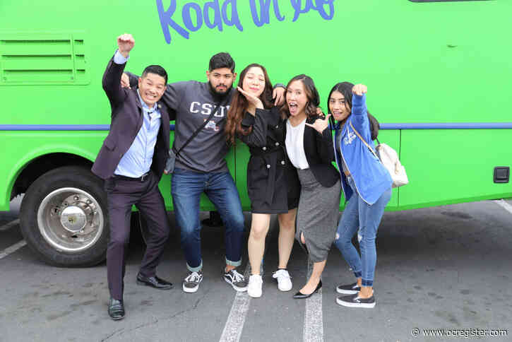 Cal State Fullerton students climb aboard for a ride on Roadtrip Nation
