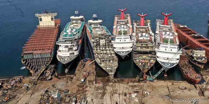 Photos shows luxury cruise ships being broken up at a dock in Turkey as the coronavirus pandemic continues to wreck the industry