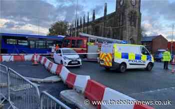 Diamond bus and Toyota Yaris crash outside Bolton train station
