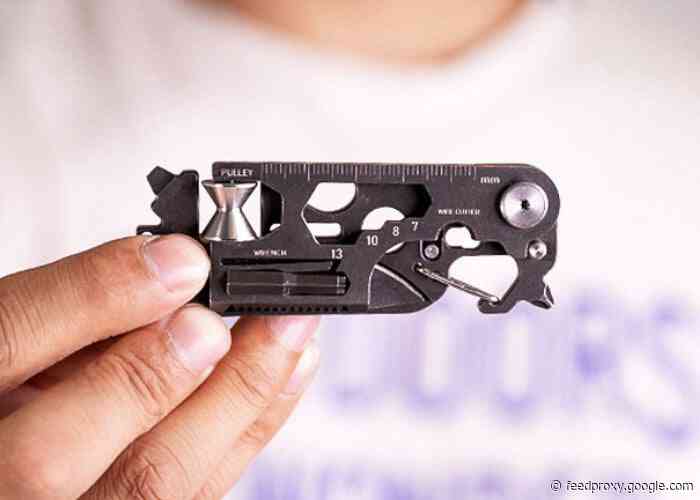 Pocket EDC multitool includes knife, flint, pulley and more