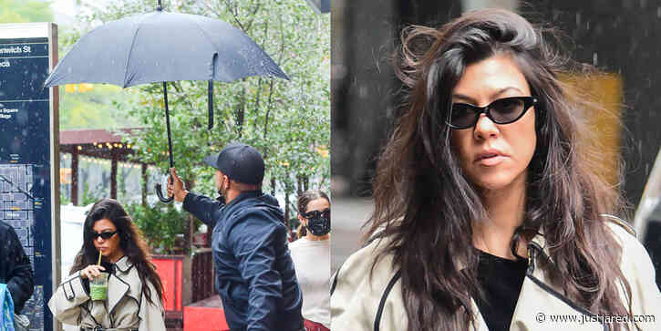 Koutney Kardashian Gets Assist from an Umbrella Holder in Rainy New York City