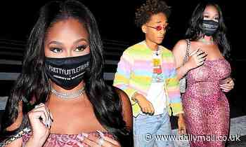 Jordyn Woods stuns in leopard print as she arrives with Jaden Smith to her PrettyLittleThing launch