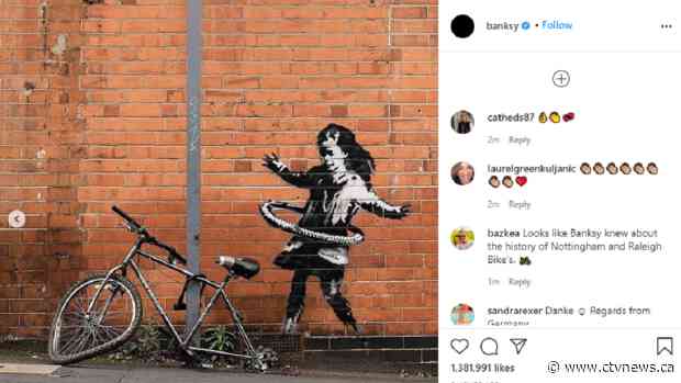 Banksy claims bicycle hula-hooping girl artwork in Nottingham, England