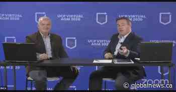 O’Toole and Kenney sit side-by-side for UCP general meeting livestream with no masks