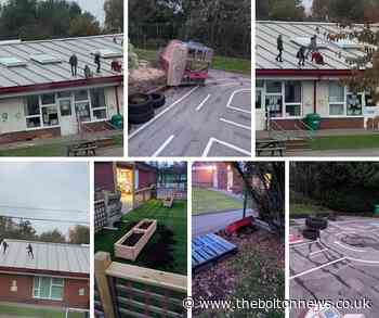 Youths climb on roof at Queensbridge Primary School, Farnworth, and damage play equipment