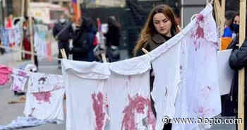 Blood soaked laundry scattered outside Union Station in Toronto - blogTO