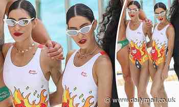 The Veronicas' Lisa and Jess Origliasso wear matching swimsuits as they film Celebrity Apprentice