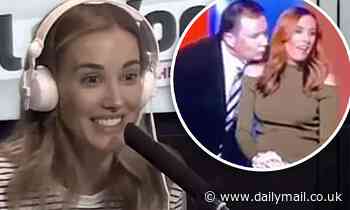 Rebecca Judd laughs as Channel Nine replays footage of Tony Jones' awkward attempt to kiss her