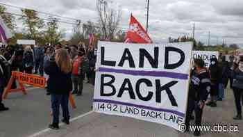 Demonstrators march in Caledonia to support land reclamation camp