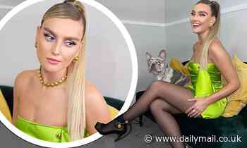 Perrie Edwards puts on leggy display as she dons lime green dress for cute snap with bulldog Travis