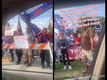 A man waved a sword at a woman blocks away from a polling place, warning her to 'vote for Trump' and photographing her license plate