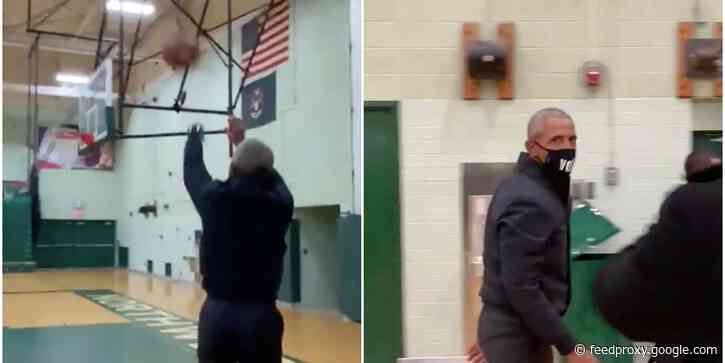 Video shows Barack Obama nailing flawless three-pointer as he joins Joe Biden on last campaign push before election