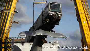 Cranes lift runaway train off whale sculpture in Rotterdam